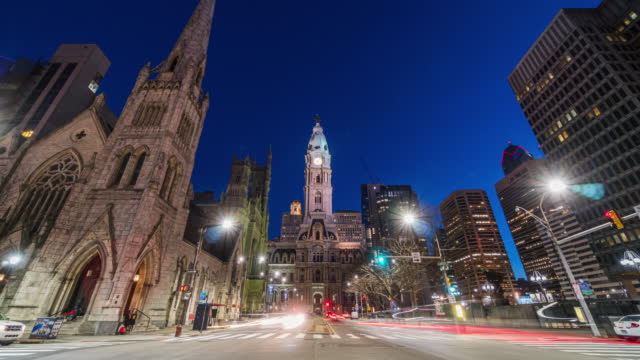 Time lapse of Philadelphia City Hall at twilight time