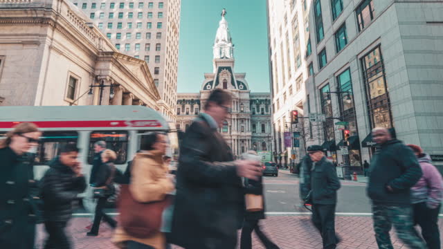 Time lapse of Philadelphia's landmark historic City Hall with traffic in Pennsylvania, United States