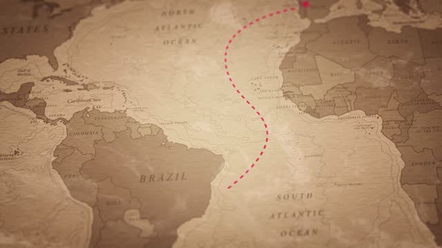 Travel, adventure and discovery.Old map animation with Portuguese ship route to Brazil.