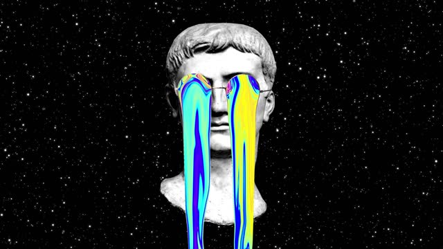 Trippy and Psychedelic Head of an ancient Roman or Greek Stone Statue Sculpture. Trendy modern colorful animation. 4k starry black background. Abstract, minimal, vaporwave surrealist concept.
