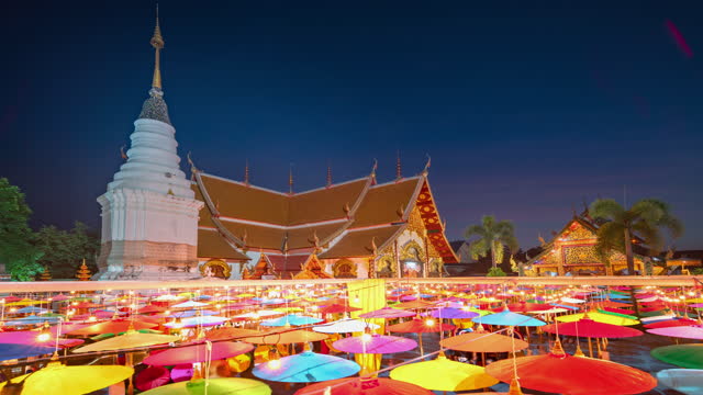 Umbrellas decorations in Loi Krathong Festival at temple chiang mai Thailand